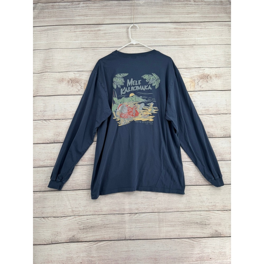 Reyn Spooner Graphic T-Shirt Men Large Blue Mele Kalikimaka Long Sleeve Santa